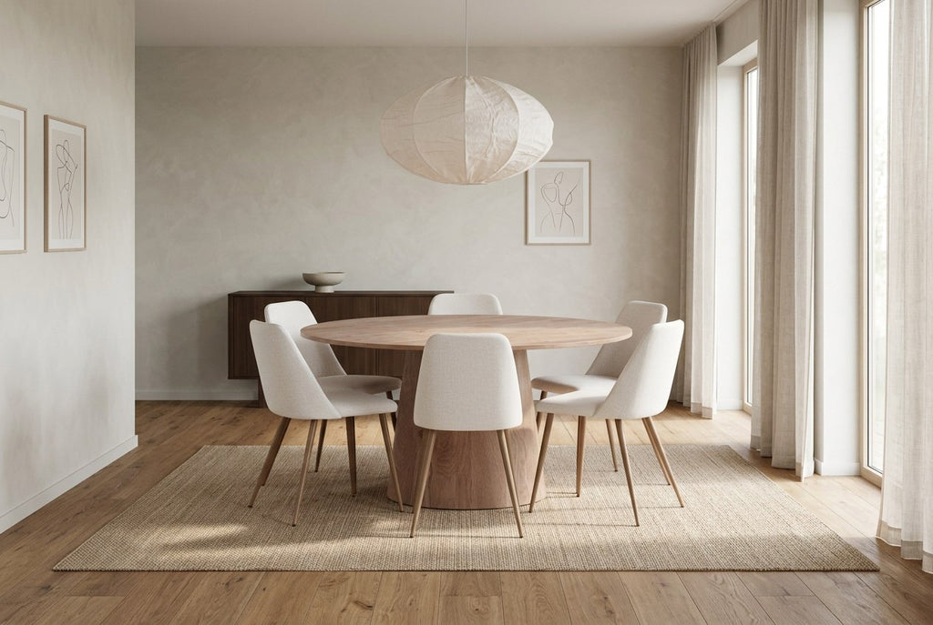 Lanzo/Night rund matgrupp Ø150 cm natur/mockabrun/beige, linne — miljöbild