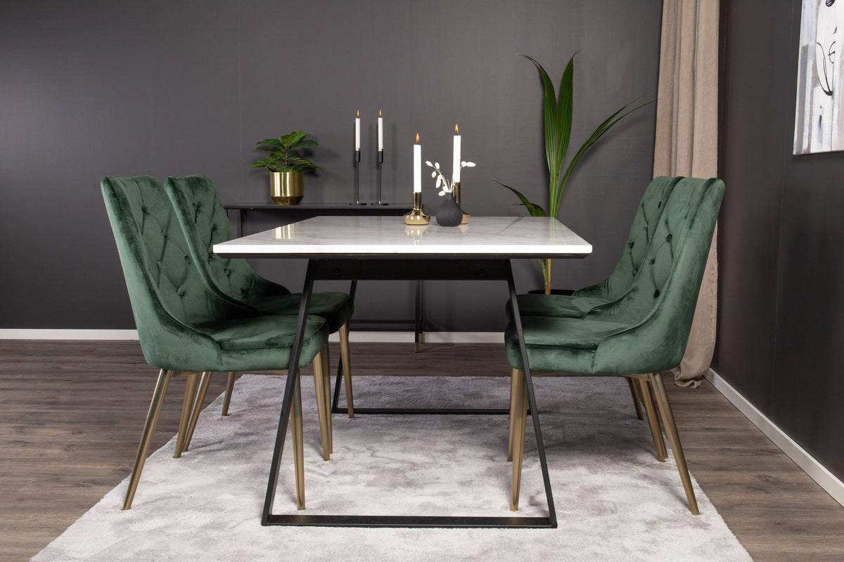 Estelle matbord 140x90 vit marmor/svarta ben med 4 Velvet Deluxe stolar mossgrön/matt mässing ben