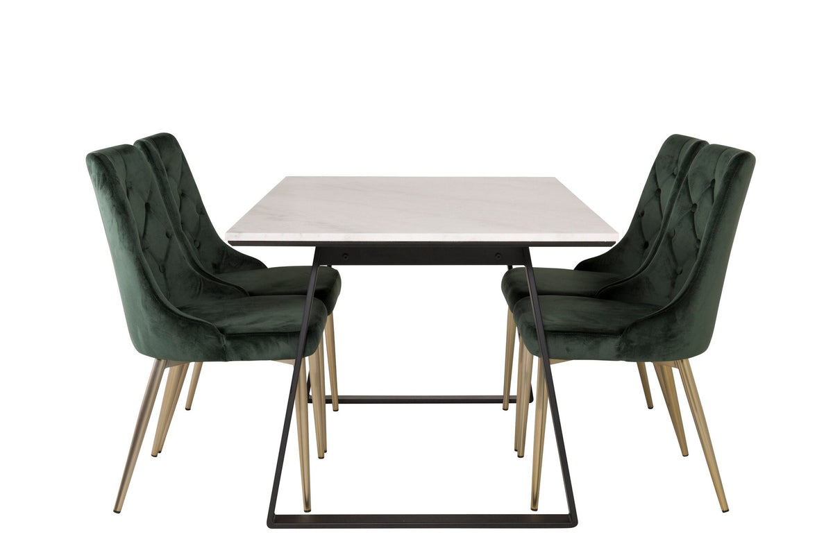 Estelle matbord 140x90 vit marmor/svarta ben med 4 Velvet Deluxe stolar mossgrön/matt mässing ben