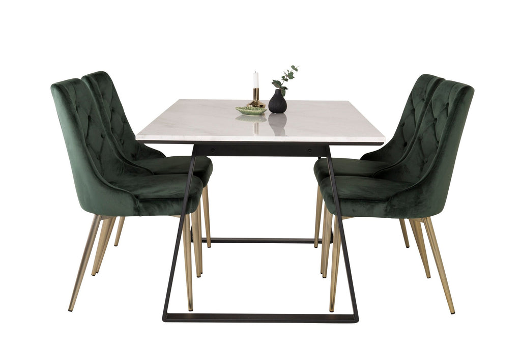 Estelle matbord 140x90 vit marmor/svarta ben med 4 Velvet Deluxe stolar mossgrön/matt mässing ben