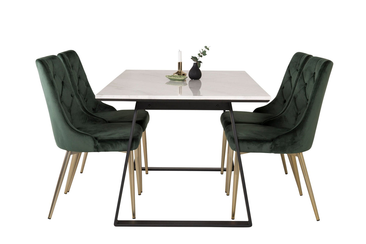 Estelle matbord 140x90 vit marmor/svarta ben med 4 Velvet Deluxe stolar mossgrön/matt mässing ben