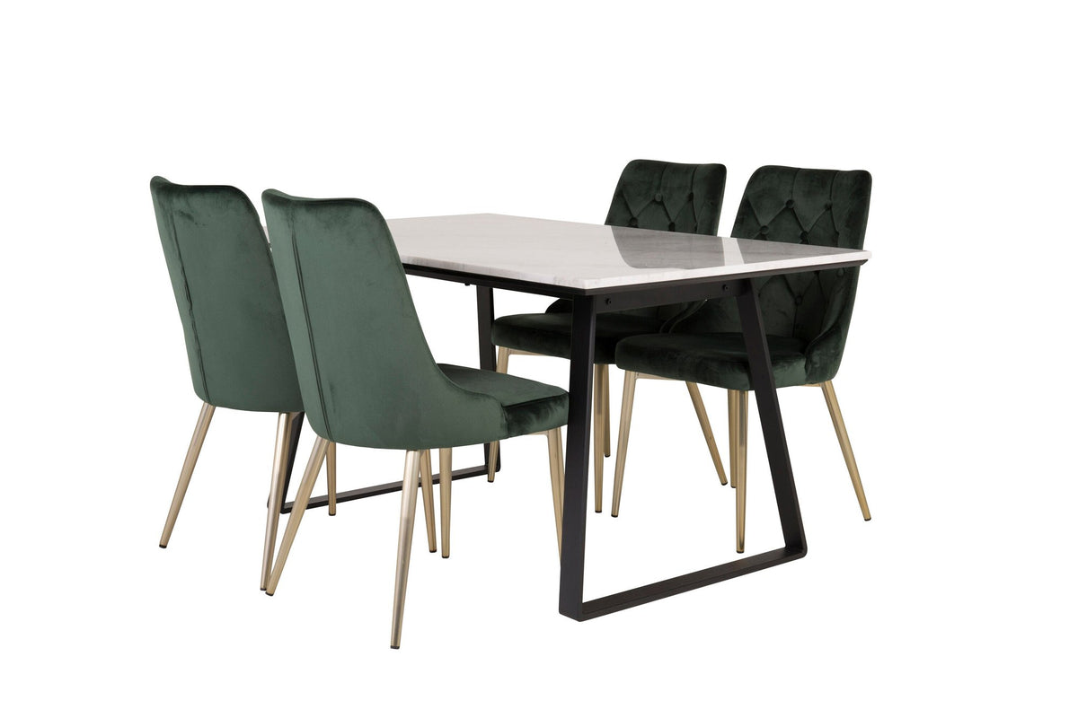 Estelle matbord 140x90 vit marmor/svarta ben med 4 Velvet Deluxe stolar mossgrön/matt mässing ben