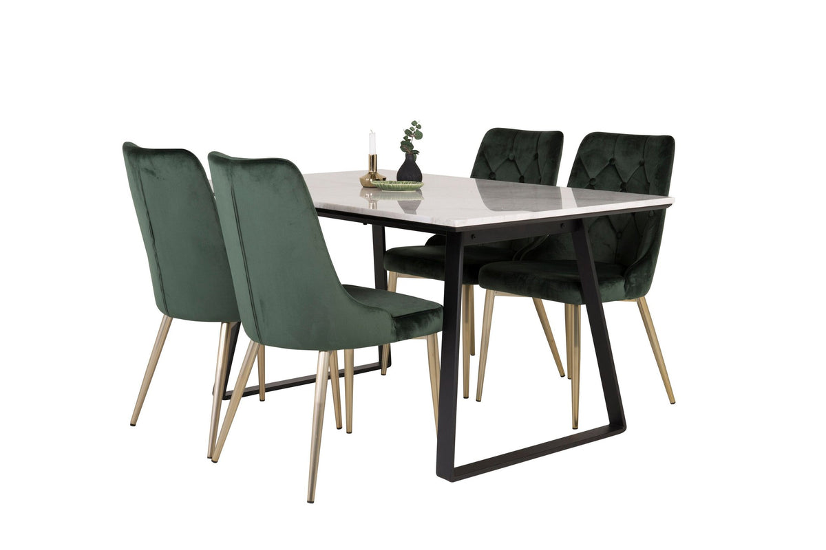 Estelle matbord 140x90 vit marmor/svarta ben med 4 Velvet Deluxe stolar mossgrön/matt mässing ben