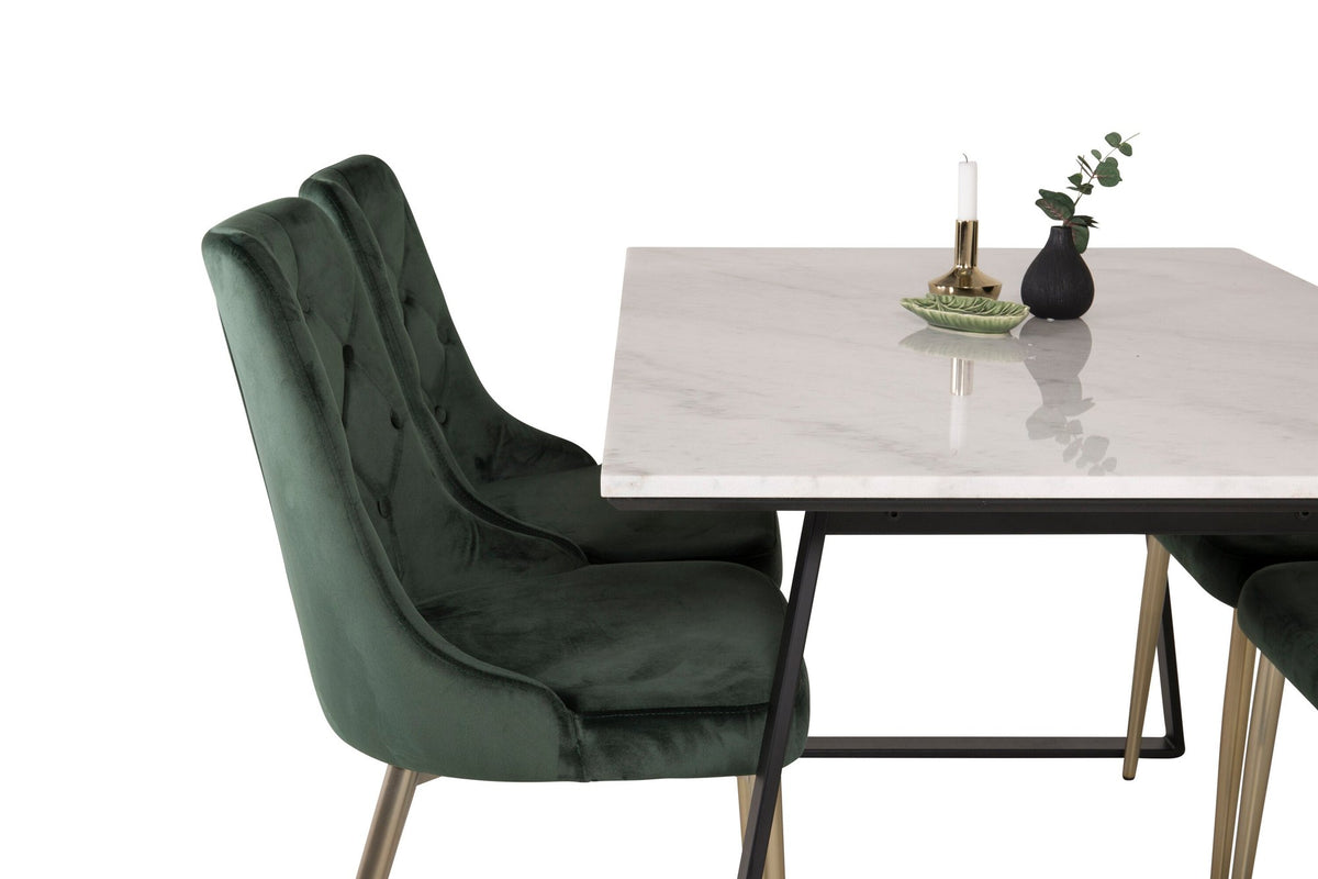 Estelle matbord 140x90 vit marmor/svarta ben med 4 Velvet Deluxe stolar mossgrön/matt mässing ben