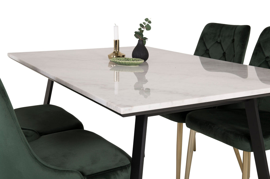 Estelle matbord 140x90 vit marmor/svarta ben med 4 Velvet Deluxe stolar mossgrön/matt mässing ben