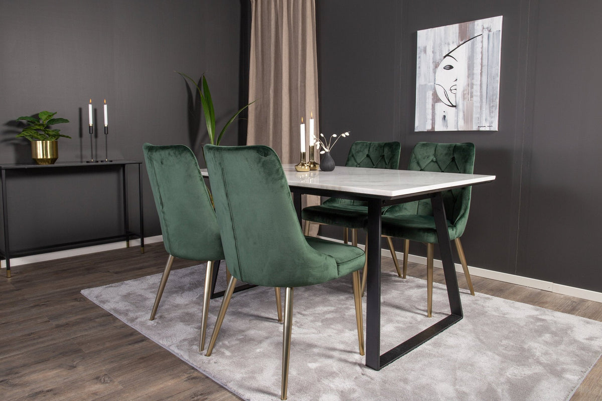 Estelle matbord 140x90 vit marmor/svarta ben med 4 Velvet Deluxe stolar mossgrön/matt mässing ben