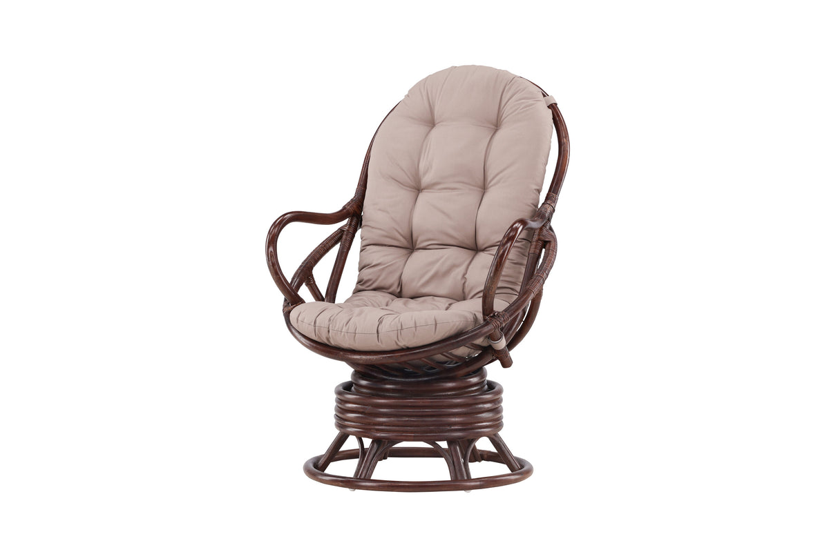 Swing loungefåtölj mörk valnötsfärgad rotting med beige dyna