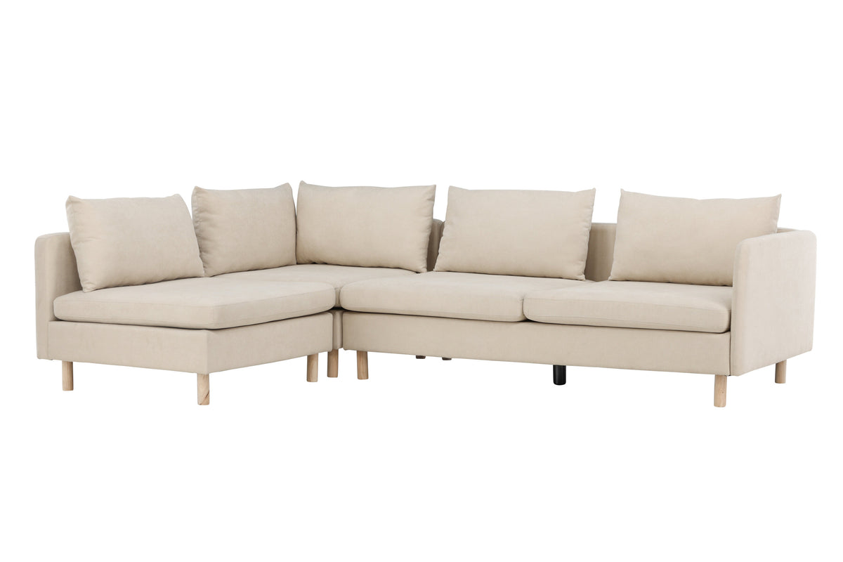 Zero hörnsoffa beige tyg och träutseende