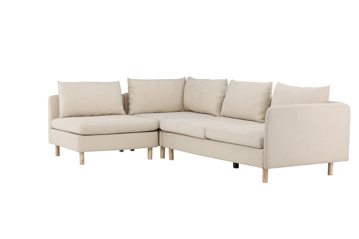 Zero hörnsoffa beige tyg och träutseende