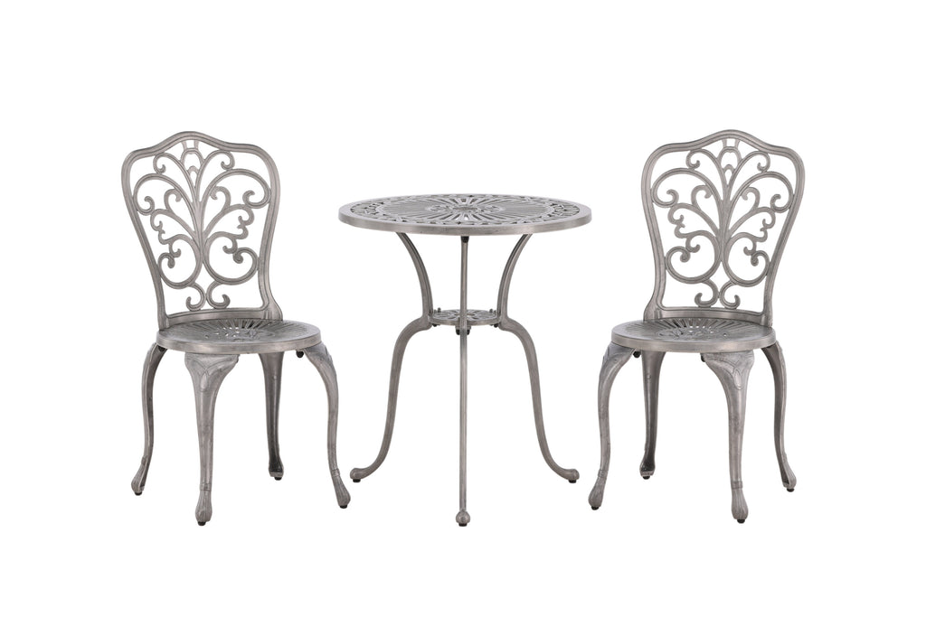 Nandin caféset med 2 stolar och runt bord Ø60 cm silverfärgad aluminium