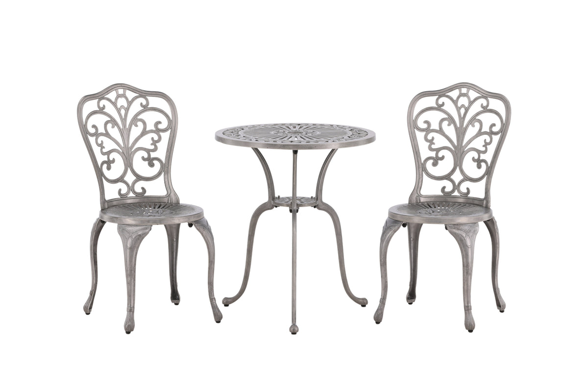Nandin caféset med 2 stolar och runt bord Ø60 cm silverfärgad aluminium