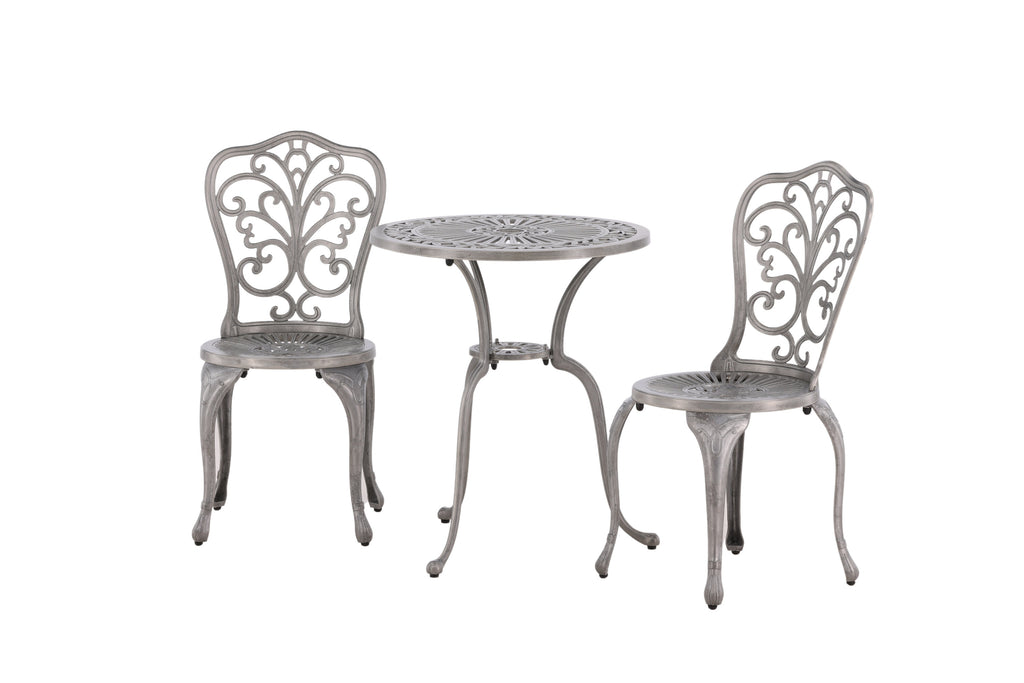 Nandin caféset med 2 stolar och runt bord Ø60 cm silverfärgad aluminium