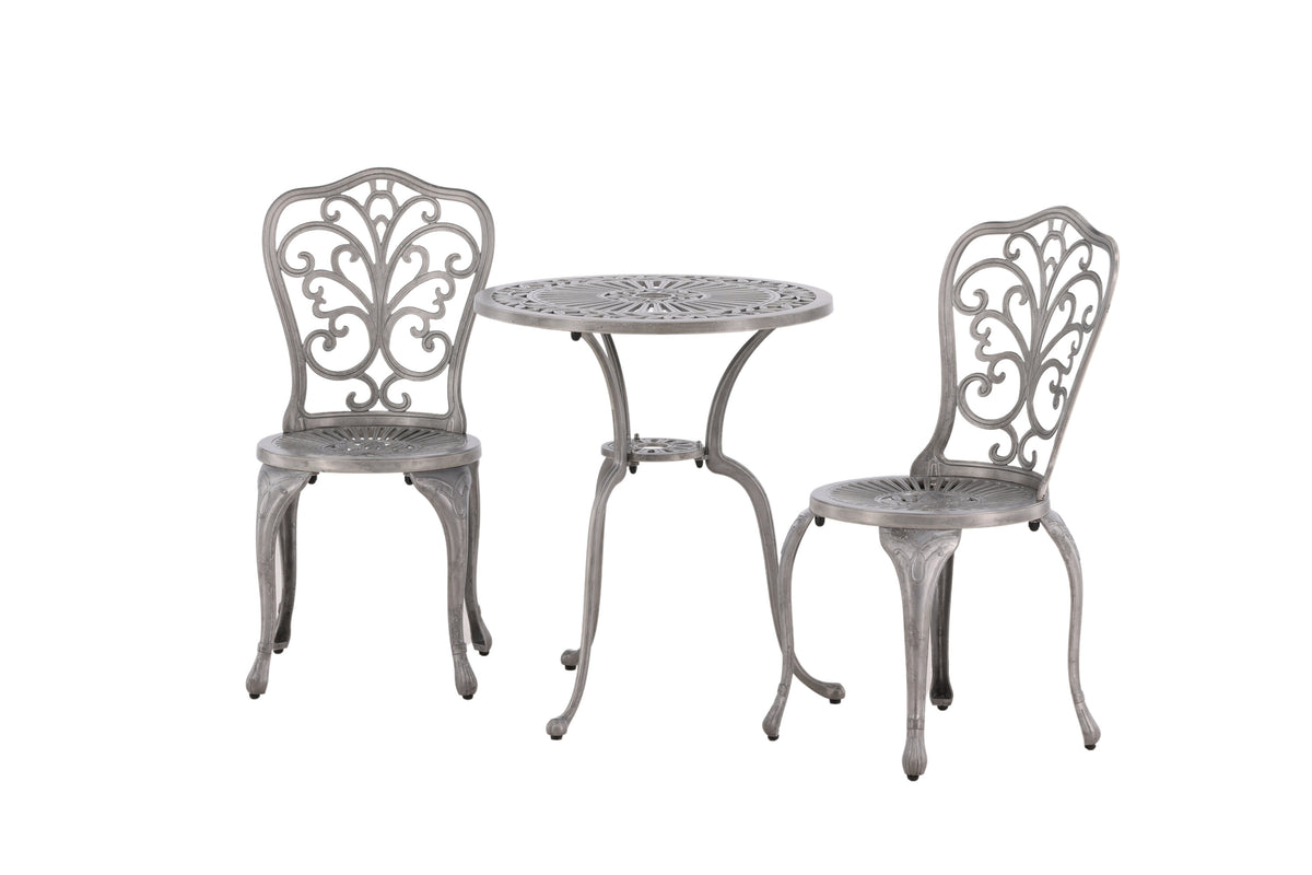 Nandin caféset med 2 stolar och runt bord Ø60 cm silverfärgad aluminium