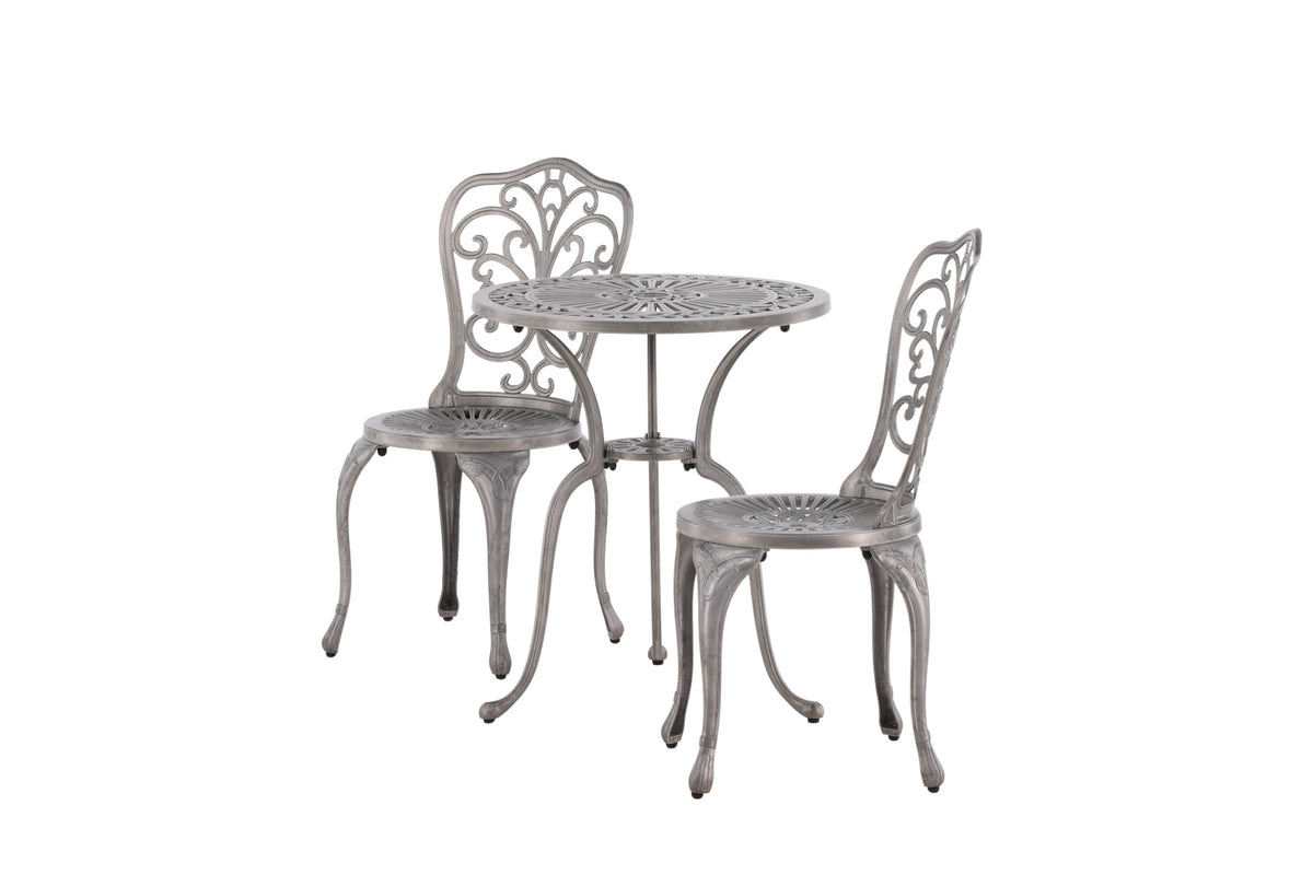 Nandin caféset med 2 stolar och runt bord Ø60 cm silverfärgad aluminium