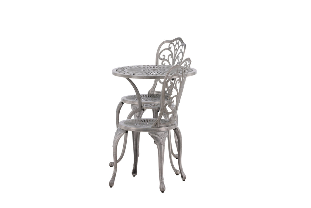 Nandin caféset med 2 stolar och runt bord Ø60 cm silverfärgad aluminium