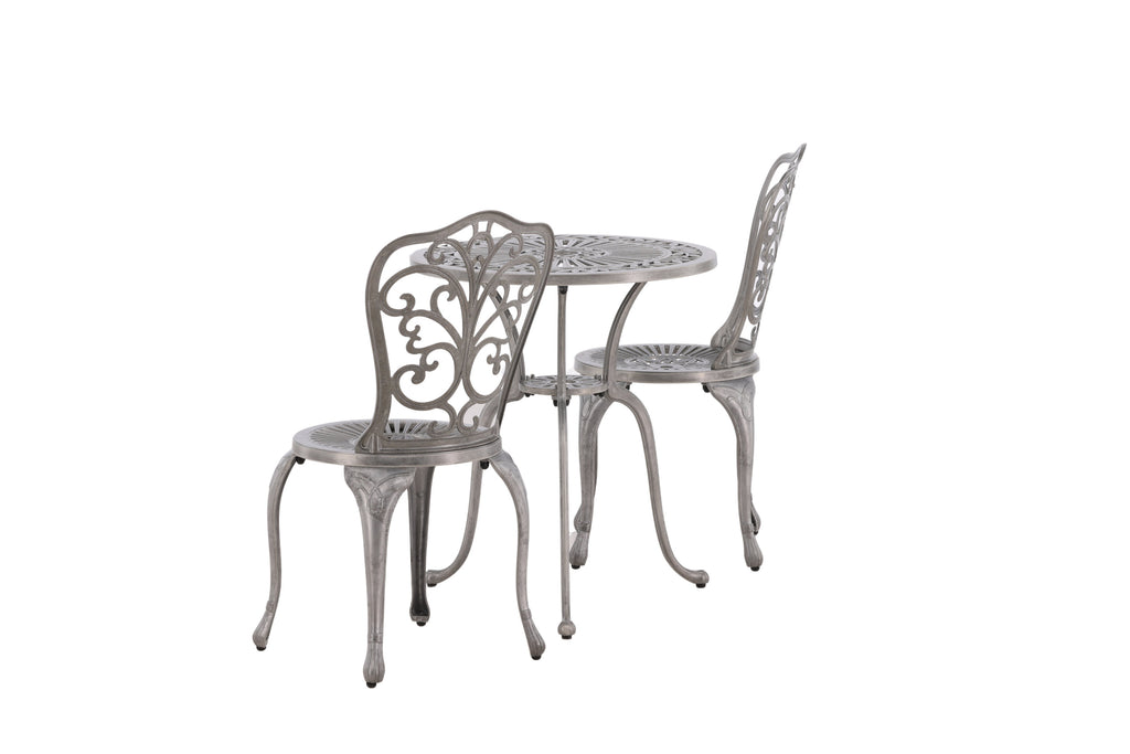 Nandin caféset med 2 stolar och runt bord Ø60 cm silverfärgad aluminium