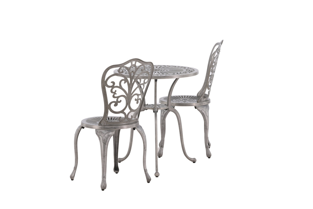 Nandin caféset med 2 stolar och runt bord Ø60 cm silverfärgad aluminium
