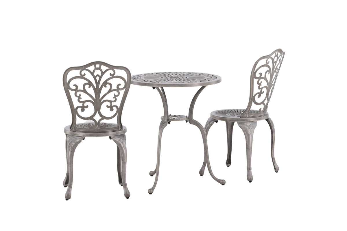 Nandin caféset med 2 stolar och runt bord Ø60 cm silverfärgad aluminium