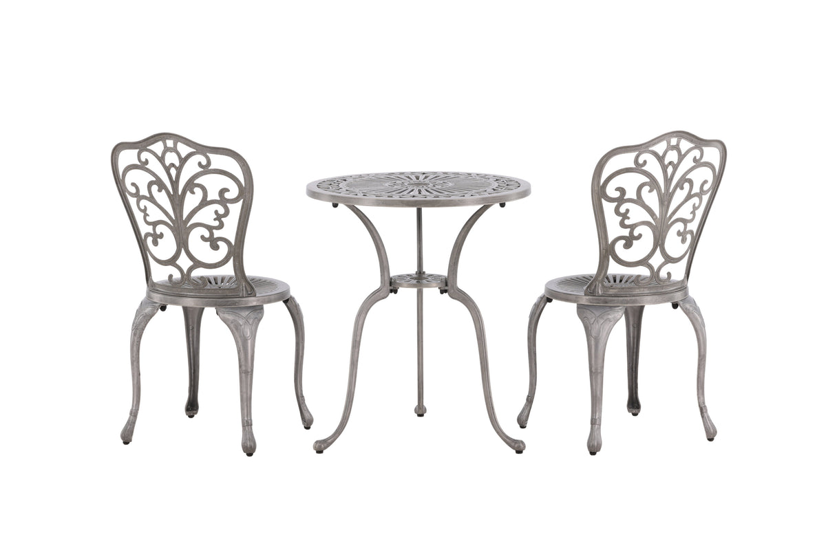 Nandin caféset med 2 stolar och runt bord Ø60 cm silverfärgad aluminium