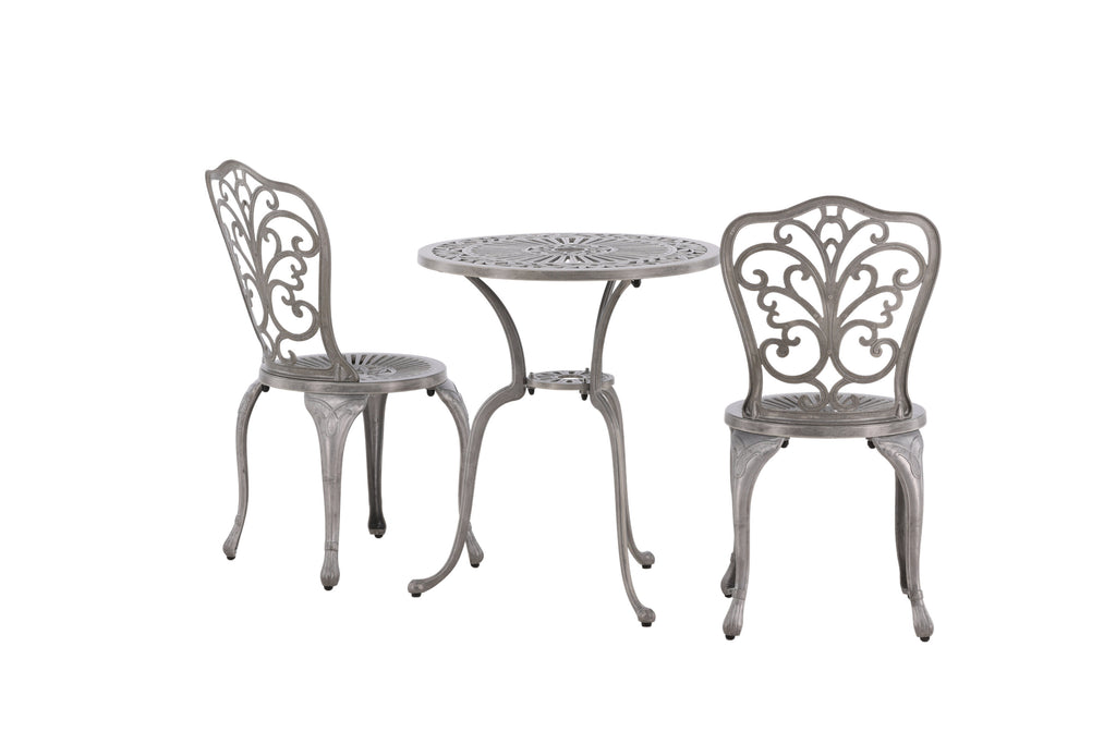Nandin caféset med 2 stolar och runt bord Ø60 cm silverfärgad aluminium