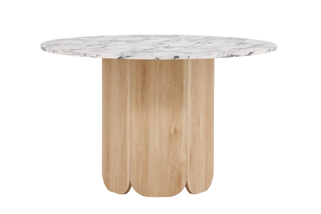 Tekla runt matbord ø120x75 cm naturfärgad MDF med 3D-papperslaminat och Calacatta-mönster
