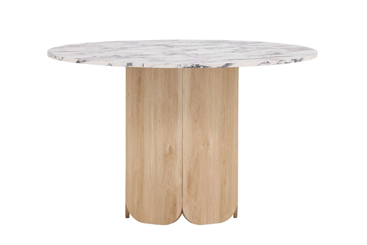 Tekla runt matbord ø120x75 cm naturfärgad MDF med 3D-papperslaminat och Calacatta-mönster