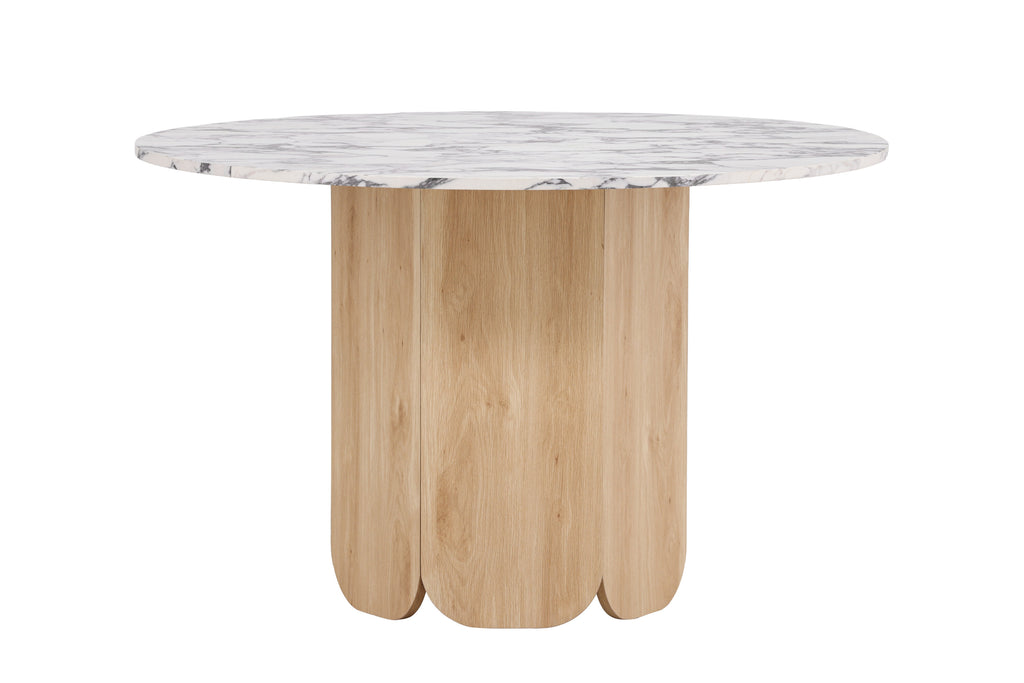 Tekla runt matbord ø120x75 cm naturfärgad MDF med 3D-papperslaminat och Calacatta-mönster