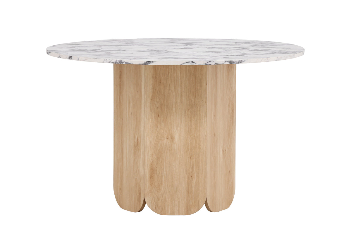 Tekla runt matbord ø120x75 cm naturfärgad MDF med 3D-papperslaminat och Calacatta-mönster