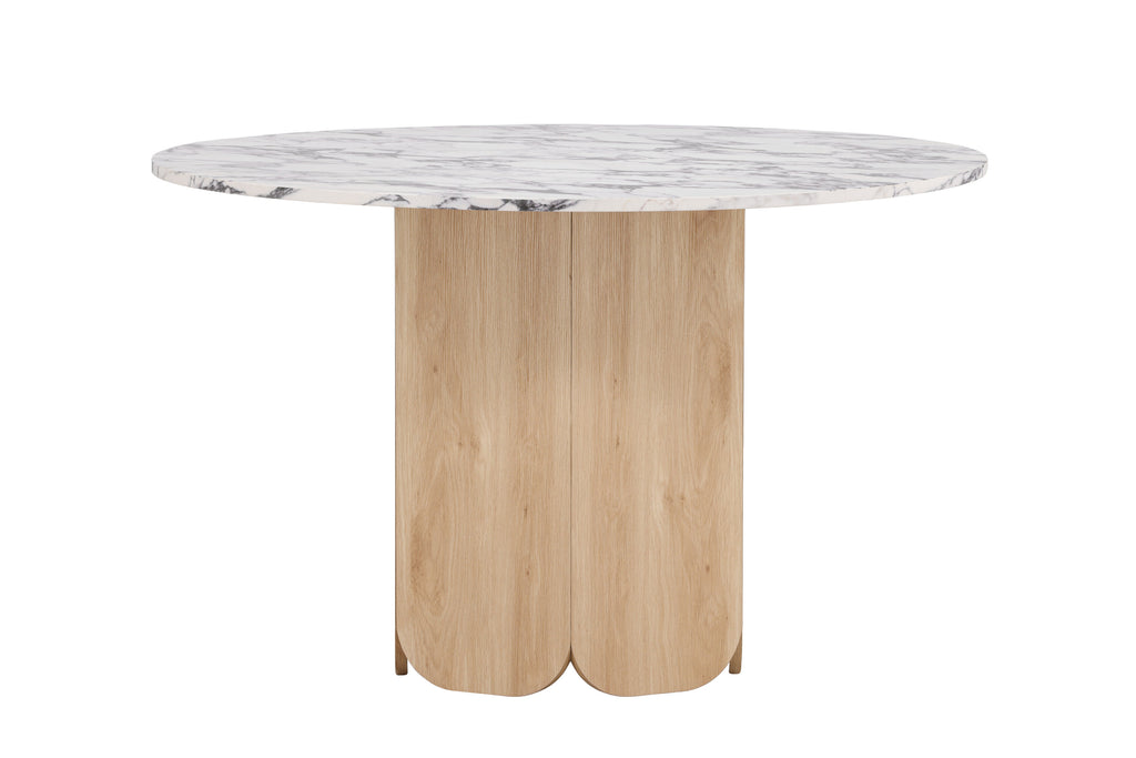 Tekla runt matbord ø120x75 cm naturfärgad MDF med 3D-papperslaminat och Calacatta-mönster