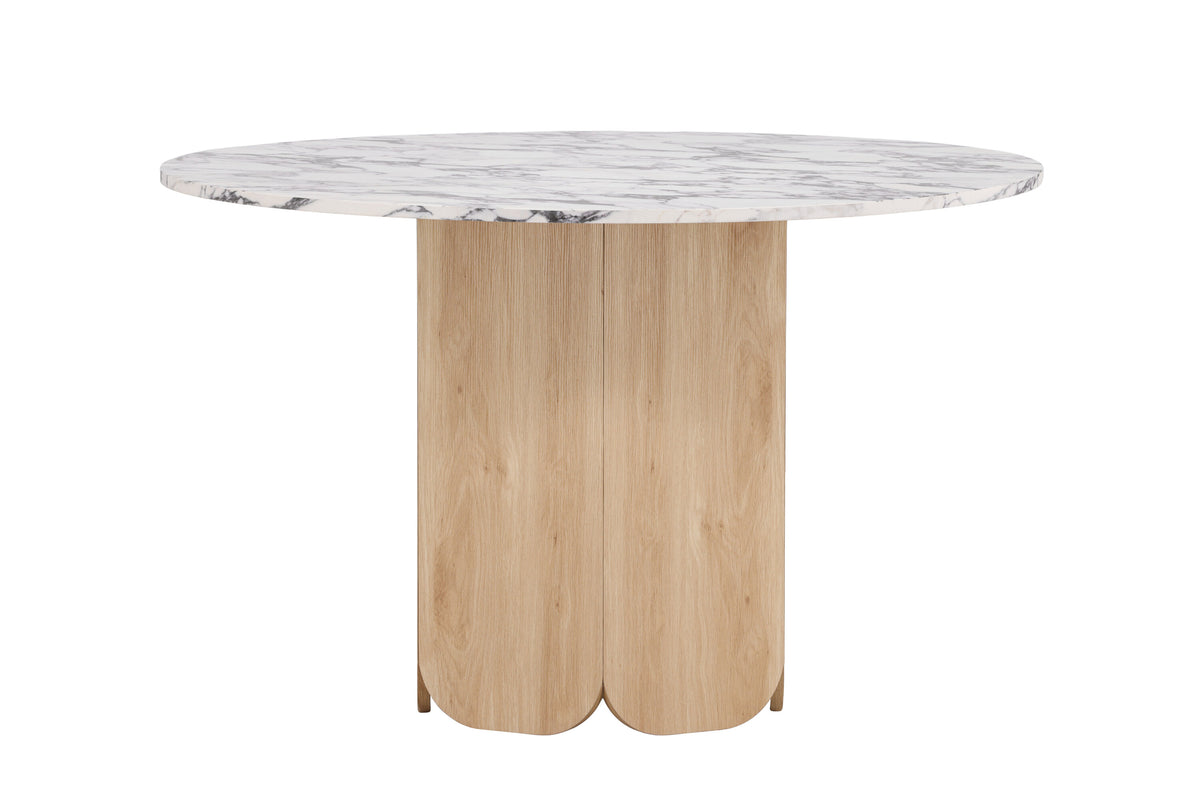 Tekla runt matbord ø120x75 cm naturfärgad MDF med 3D-papperslaminat och Calacatta-mönster