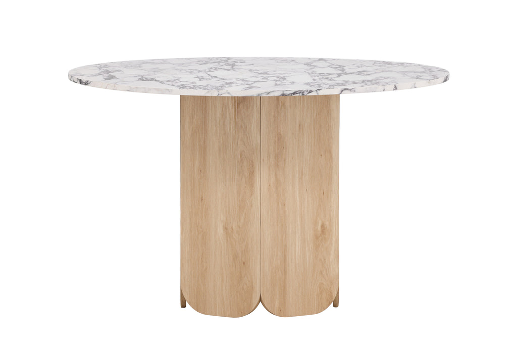 Tekla runt matbord ø120x75 cm naturfärgad MDF med 3D-papperslaminat och Calacatta-mönster