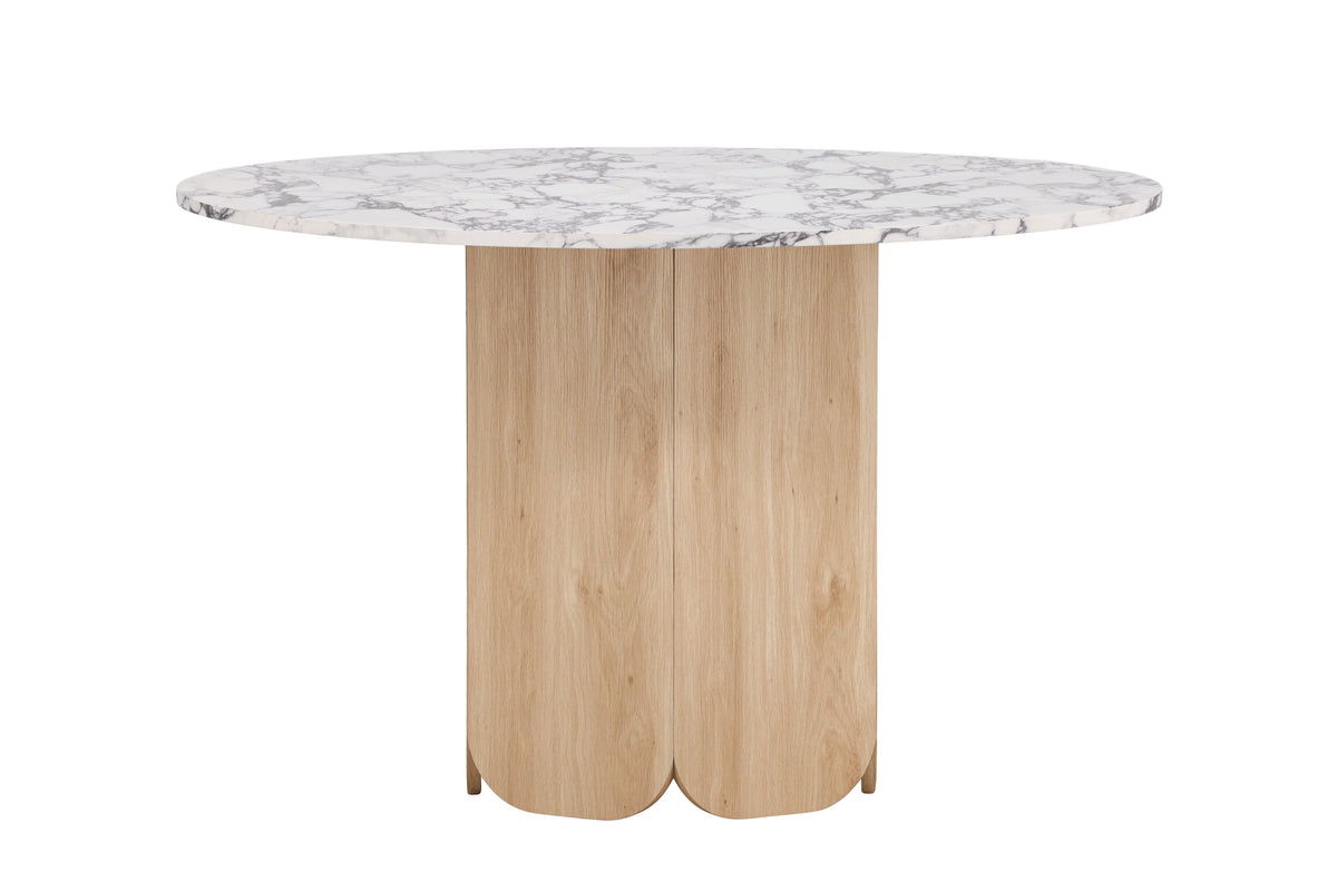Tekla runt matbord ø120x75 cm naturfärgad MDF med 3D-papperslaminat och Calacatta-mönster
