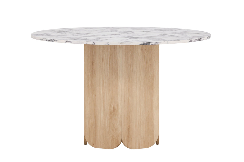 Tekla runt matbord ø120x75 cm naturfärgad MDF med 3D-papperslaminat och Calacatta-mönster