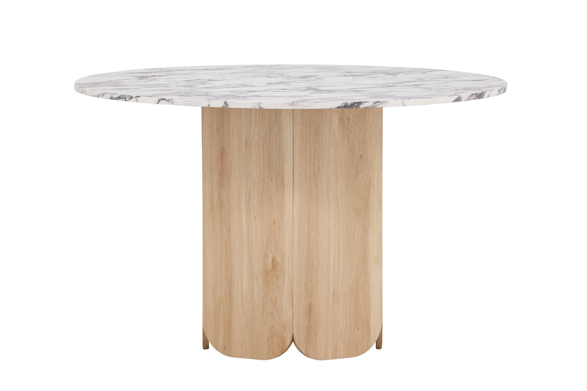 Tekla runt matbord ø120x75 cm naturfärgad MDF med 3D-papperslaminat och Calacatta-mönster