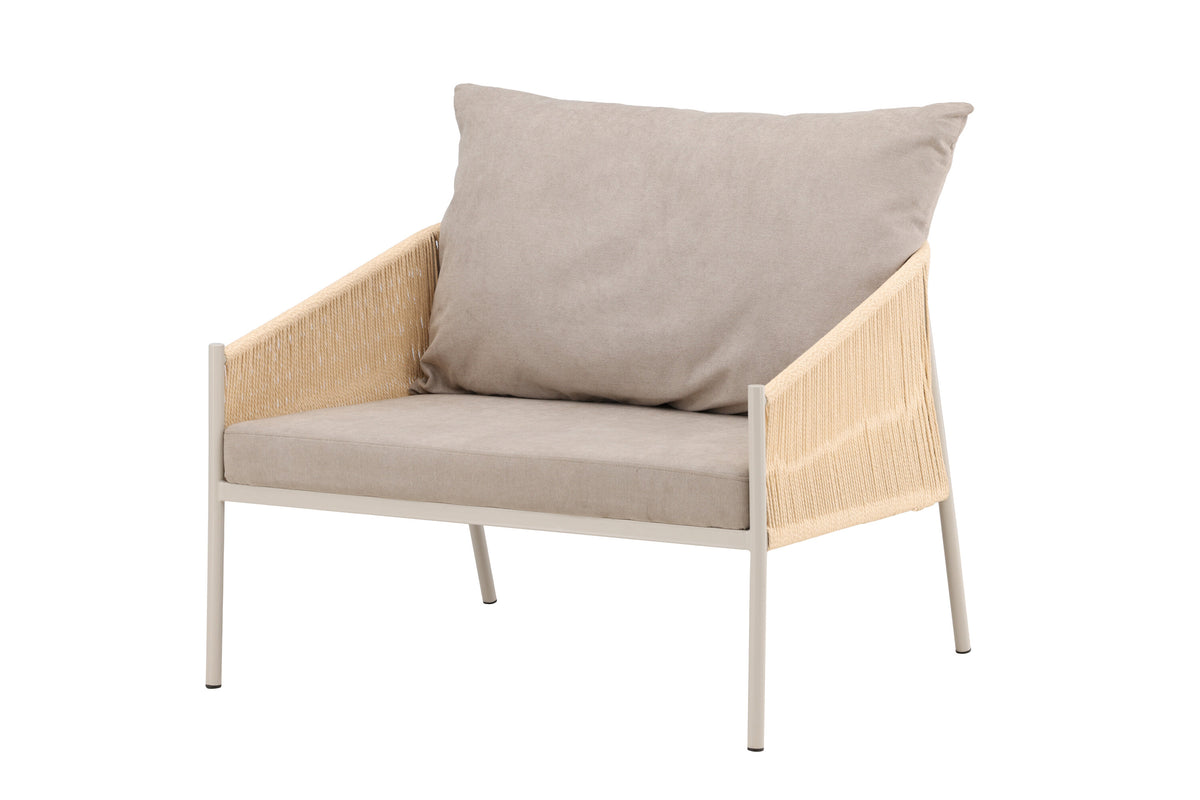 Louie fåtölj beige stål, rep och tyg med linnestruktur