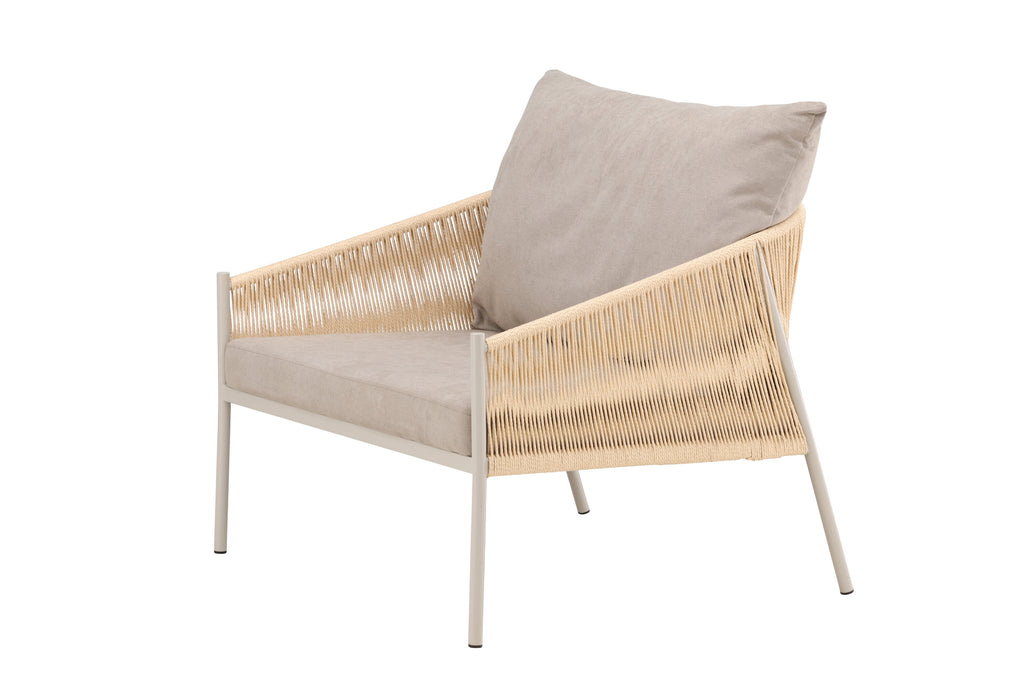 Louie fåtölj beige stål, rep och tyg med linnestruktur