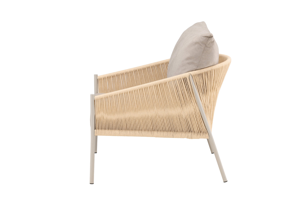 Louie fåtölj beige stål, rep och tyg med linnestruktur