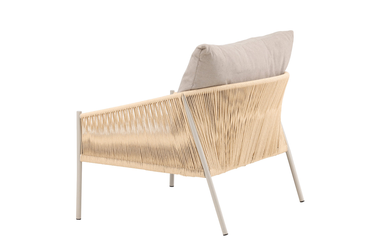Louie fåtölj beige stål, rep och tyg med linnestruktur