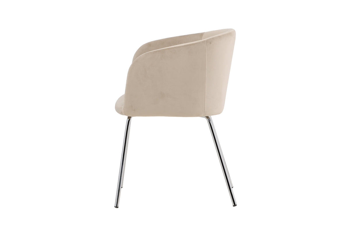 Berit matstol beige sammet med silverfärgade kromade ben