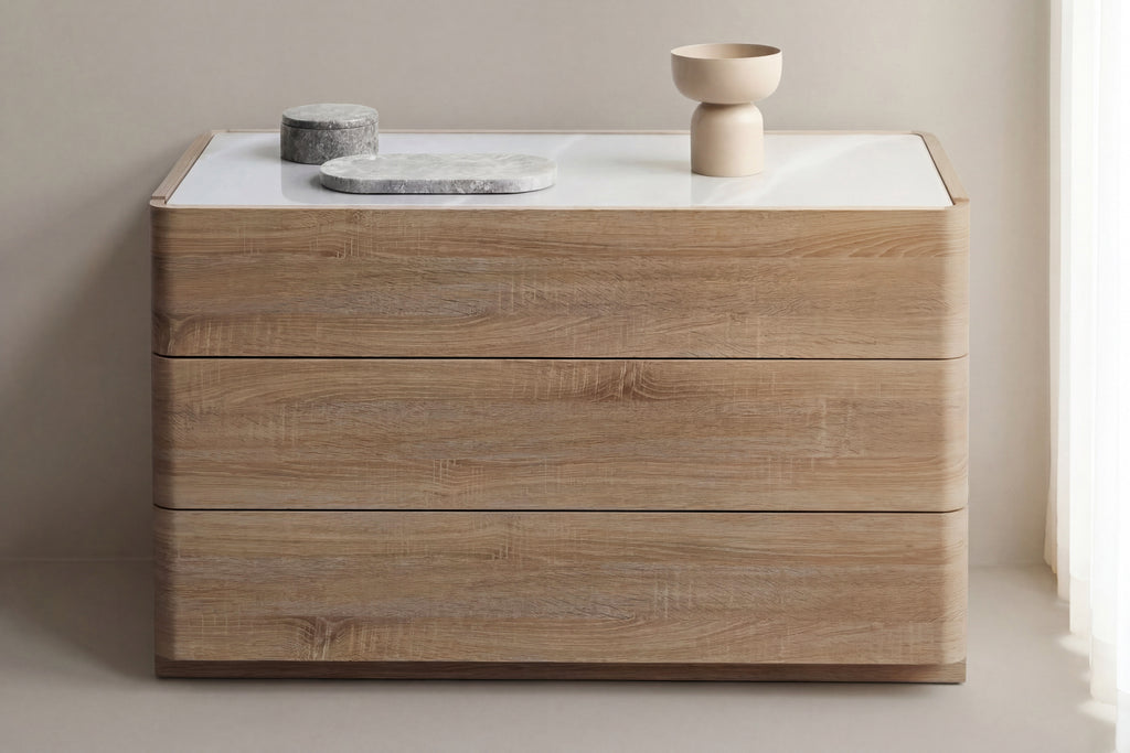 Noble byrå 48x100x60 cm naturfärgad MDF med 3D-papperslaminat och glas
