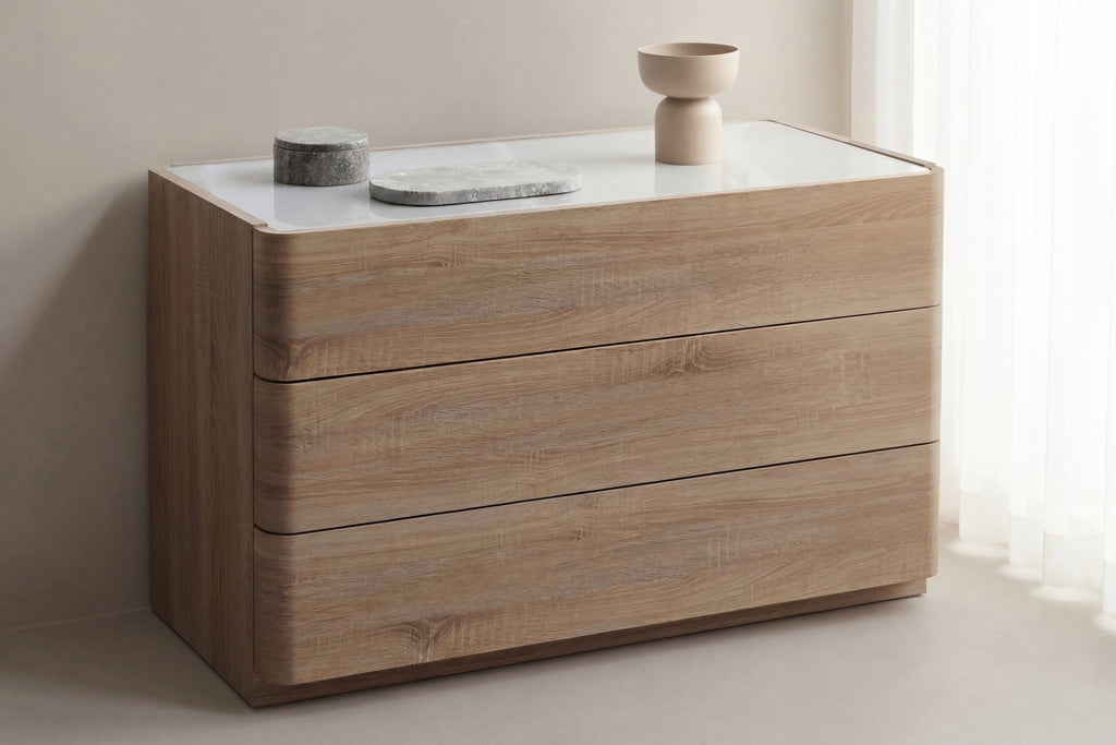 Noble byrå 48x100x60 cm naturfärgad MDF med 3D-papperslaminat och glas