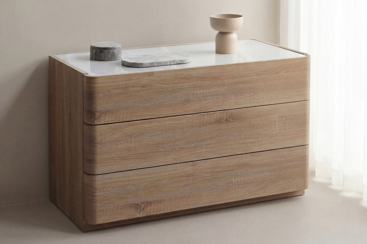 Noble byrå 48x100x60 cm naturfärgad MDF med 3D-papperslaminat och glas