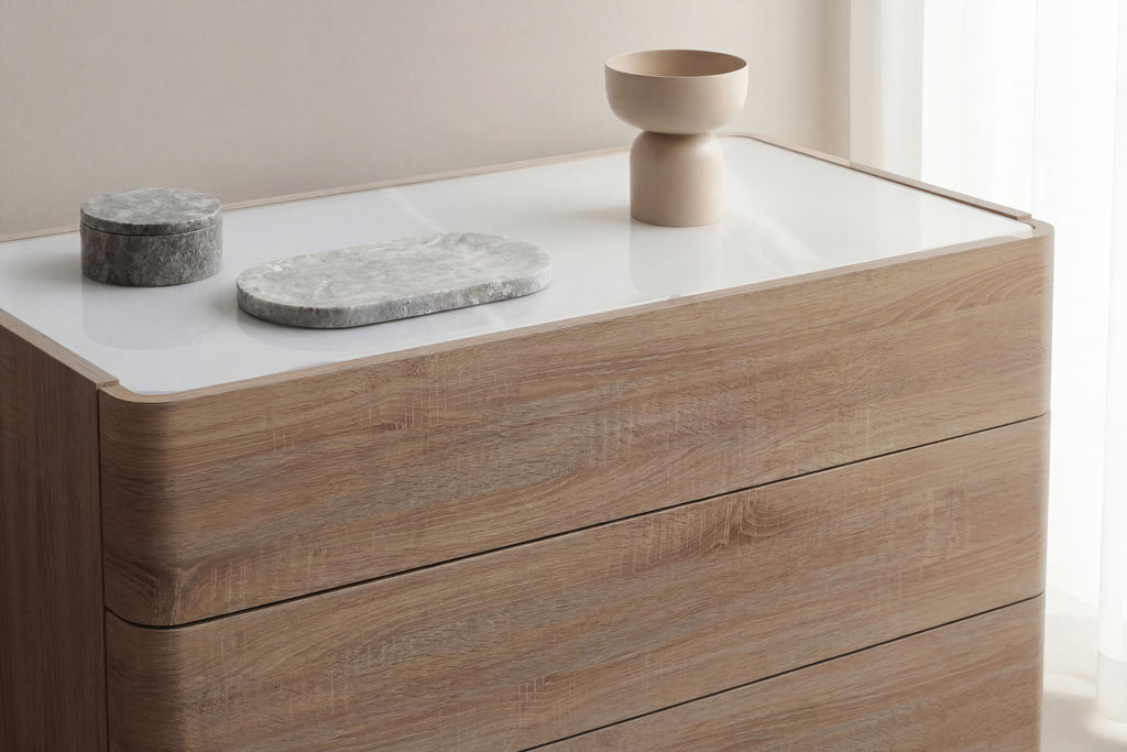 Noble byrå 48x100x60 cm naturfärgad MDF med 3D-papperslaminat och glas