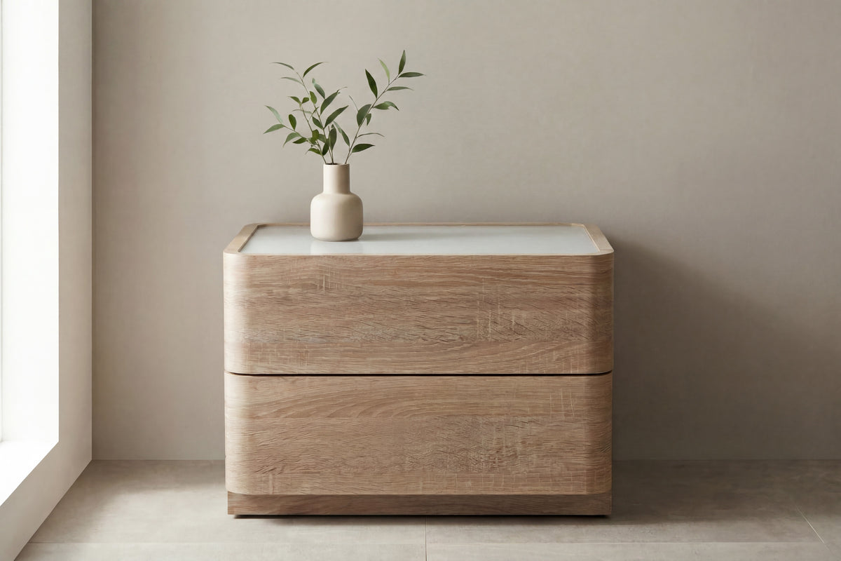 Noble byrå 40x50x36 cm naturfärgad MDF med 3D-papperslaminat och glas