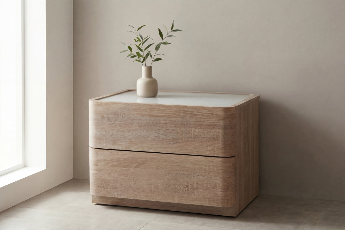 Noble byrå 40x50x36 cm naturfärgad MDF med 3D-papperslaminat och glas
