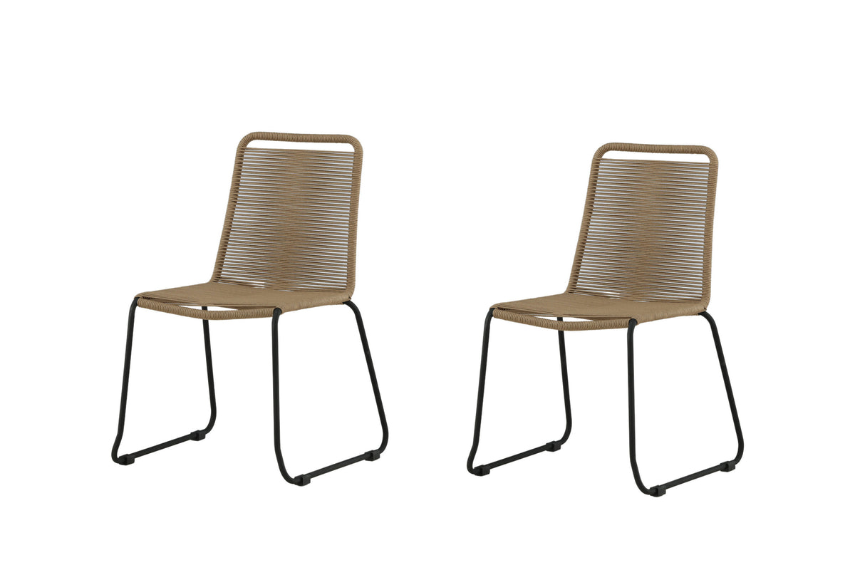 Lindos stapelbar matstol i svart aluminium med lattebrunt rep, 2-pack