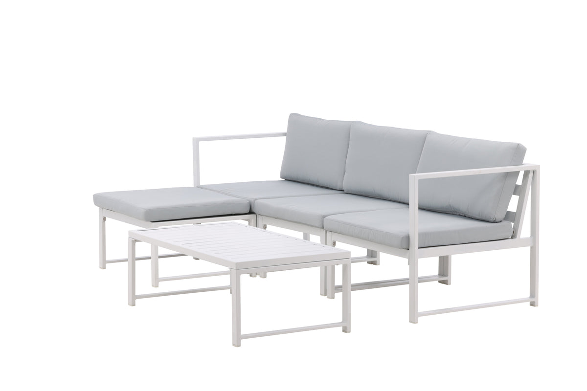 Salvador soffgrupp i vit aluminium med grå dynor – 2 hörndelar, 1 mittdel och 1 fotpall