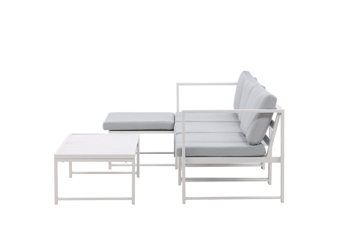 Salvador soffgrupp i vit aluminium med grå dynor – 2 hörndelar, 1 mittdel och 1 fotpall