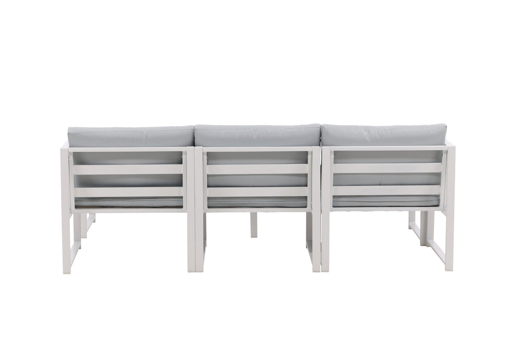Salvador soffgrupp i vit aluminium med grå dynor – 2 hörndelar, 1 mittdel och 1 fotpall