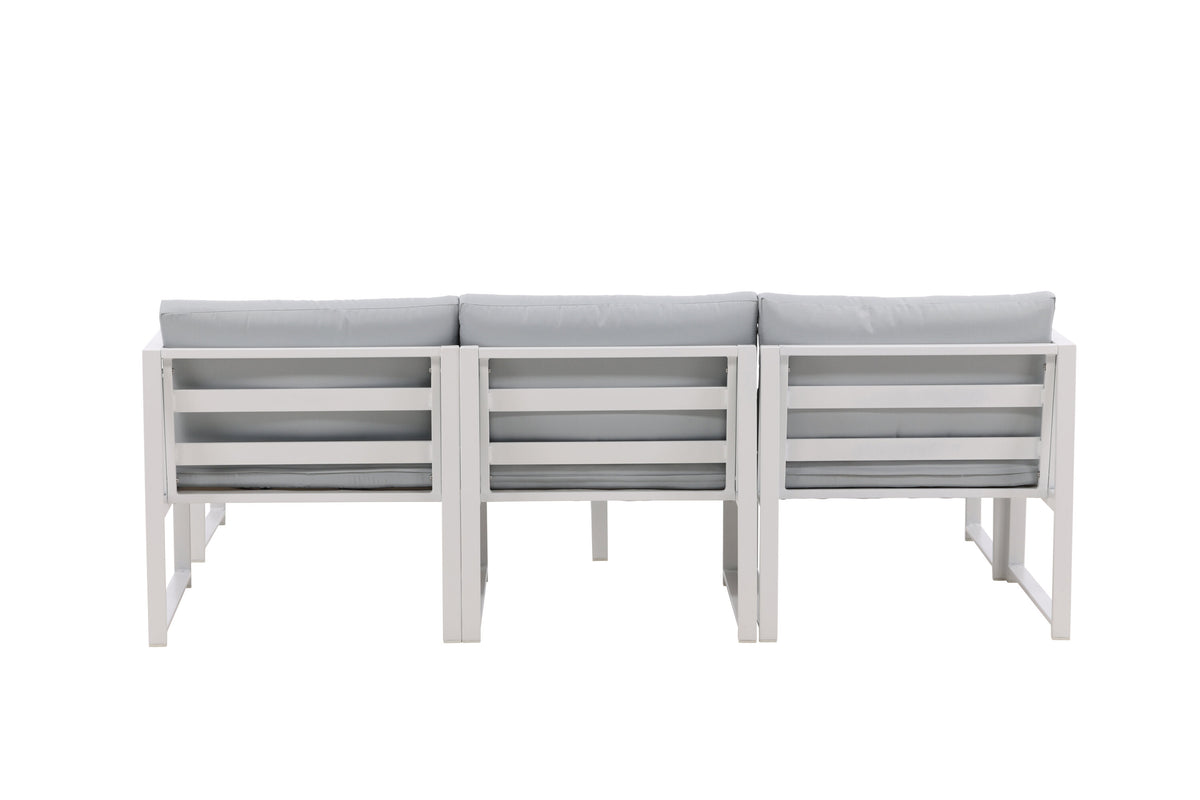 Salvador soffgrupp i vit aluminium med grå dynor – 2 hörndelar, 1 mittdel och 1 fotpall